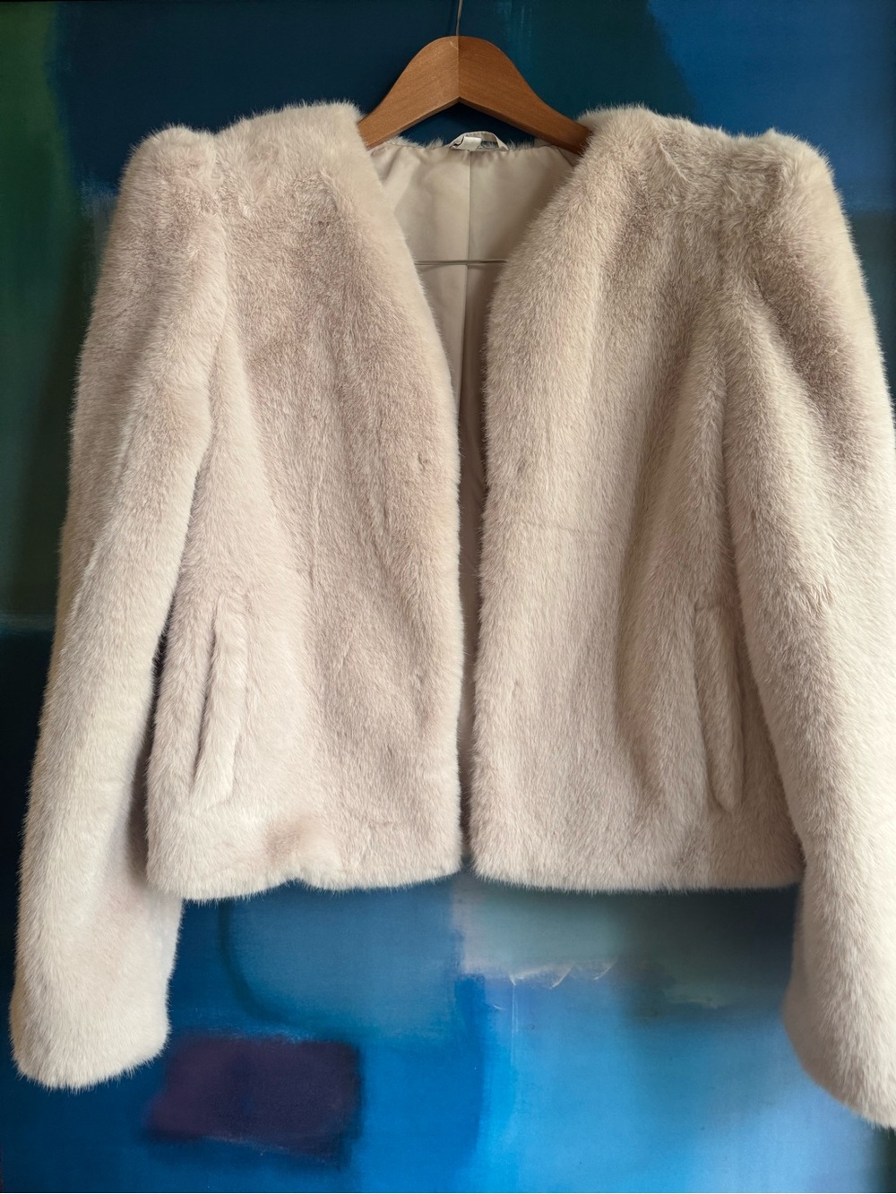 H&M Cream Faux Fur Hook-and-Eye Collarless Crop Jacket